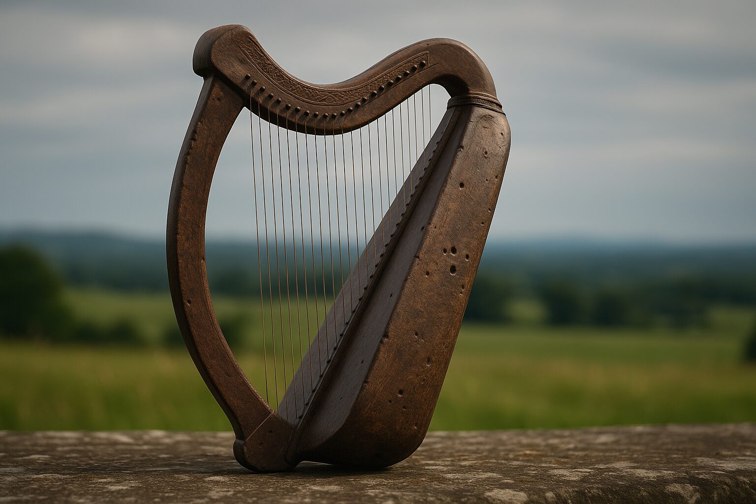Photorealistic image of an Irish harp like those used by the ancient Irish bards