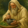 An Irish healer ollamh with mortar and pestle creating medicine through herbology