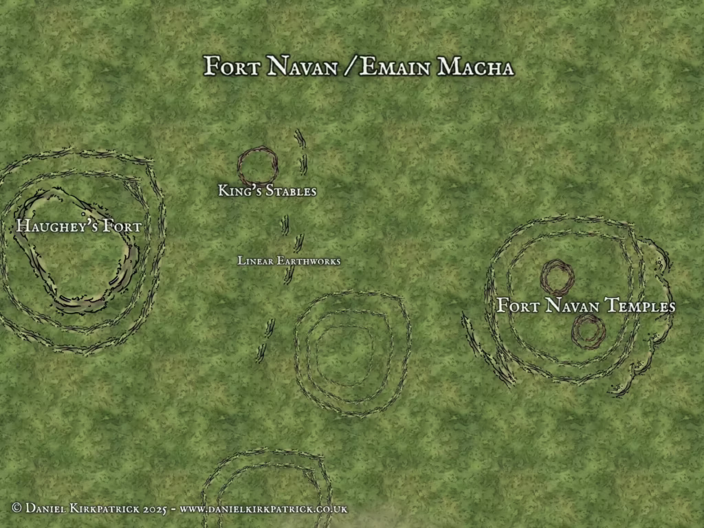 Site map of Fort Navan, Emain Macha, in Northern Ireland, based on archaeological surveys. Created by Daniel Kirkpatrick
