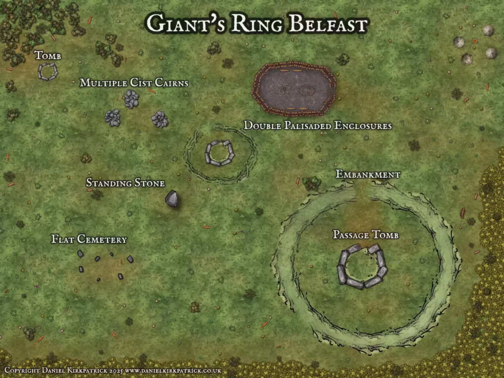 Site map of the Giant's Rung, Ballynahatty in Belfast, Northern Ireland, based on archaeological surveys. Created by Daniel Kirkpatrick