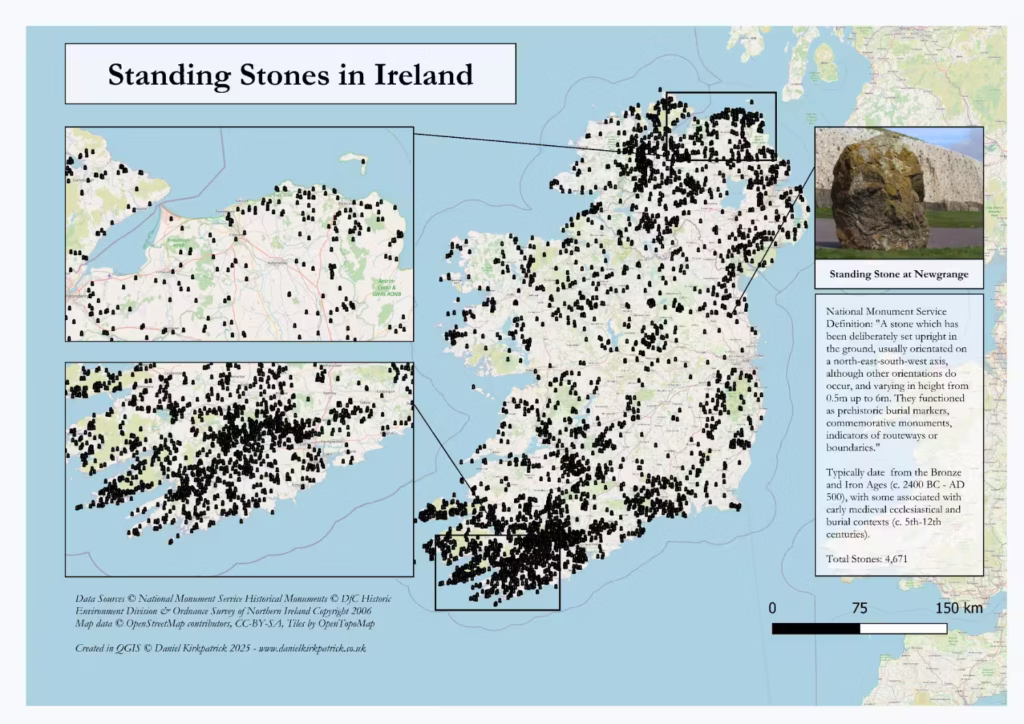 Map showing the distribution of standing stones across Ireland based on archaeological data created by Daniel Kirkpatrick