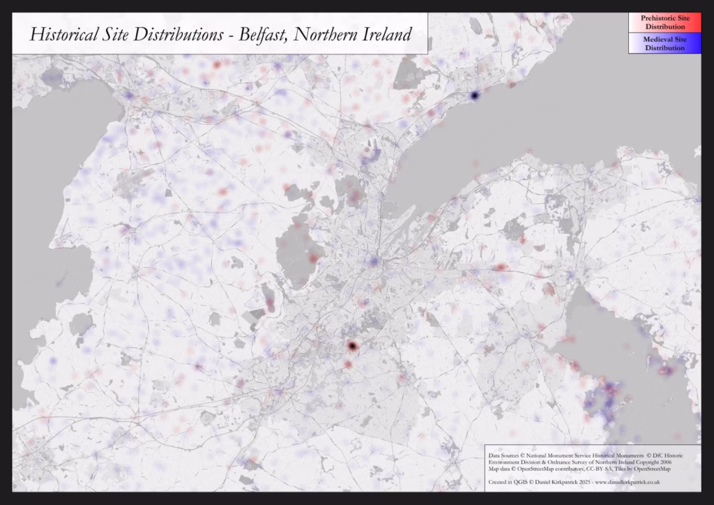 Heat map showing the distribution of medieval and prehistoric historical sites in Belfast and the surrounding region