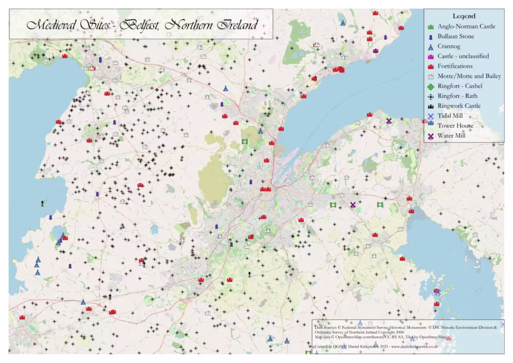 Map showing all medieval historical sites in Belfast and the surrounding region