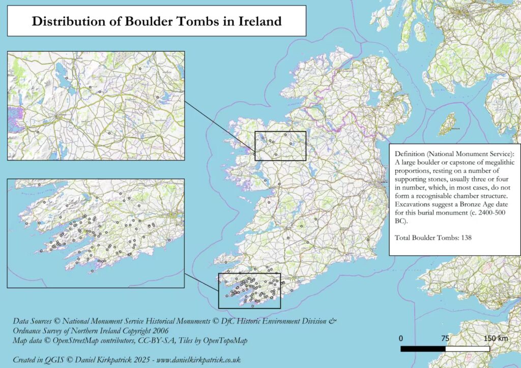 Map of all boulder tombs or burials across the Republic of Ireland based on National Monument Service data