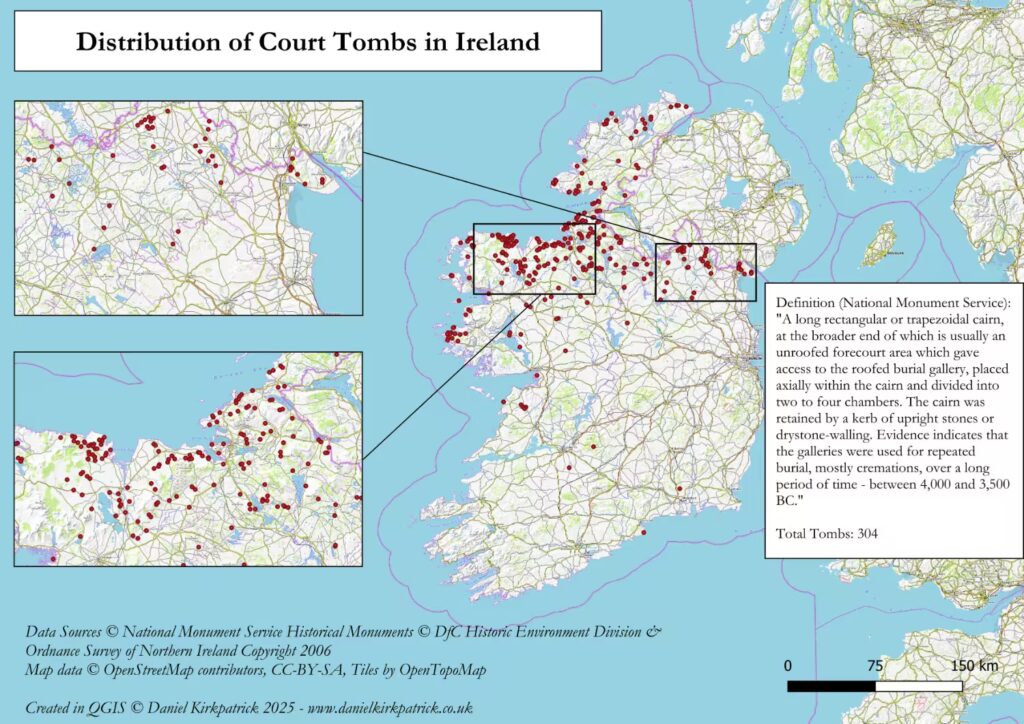 Map of all court tombs across the Republic of Ireland based on National Monument Service data