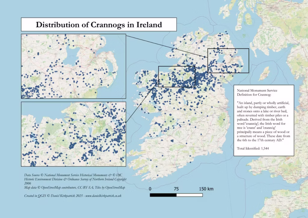 Map showing the distribution of Crannogs across the whole of Ireland dating to the Iron Age onwards