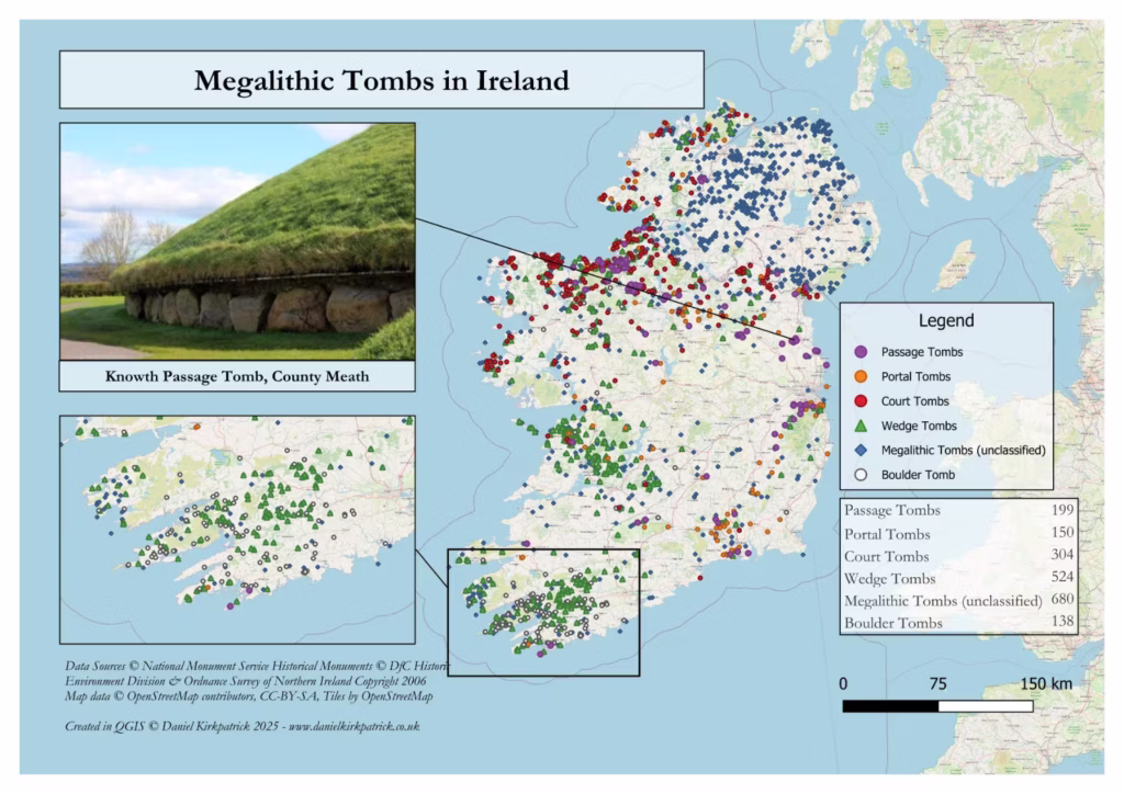 Map of all recorded megalithic tombs and sites across Ireland including Wedge, Portal, Court, Passage and Boulder Tombs.