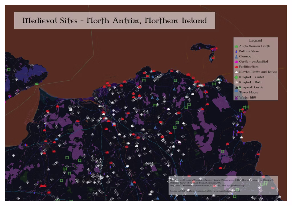 Map showing historical medieval sites across North Antrim, Northern Ireland. Created by Daniel Kirkpatrick