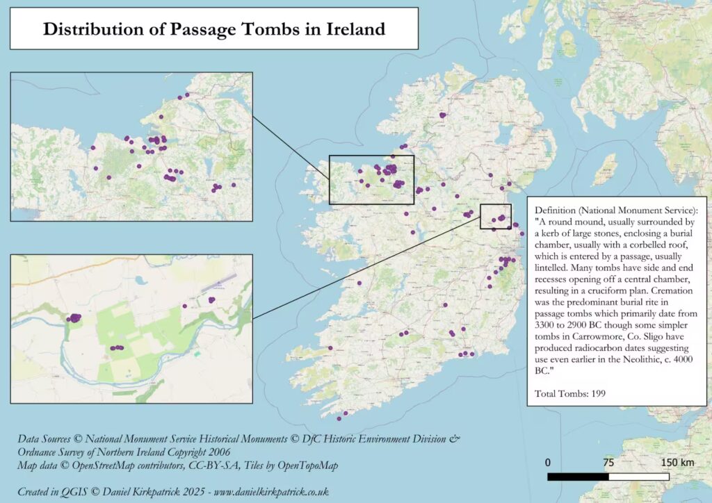 Map of all Passage tombs across the Republic of Ireland based on National Monument Service data