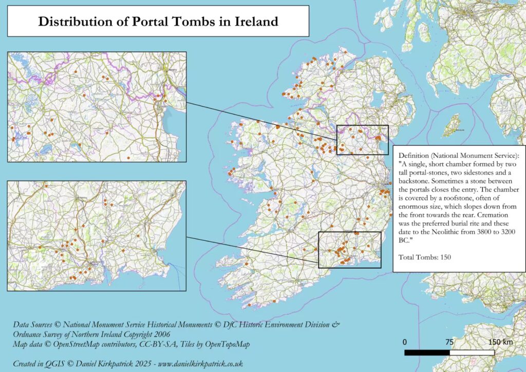 Map of all portal tombs across the Republic of Ireland based on National Monument Service data