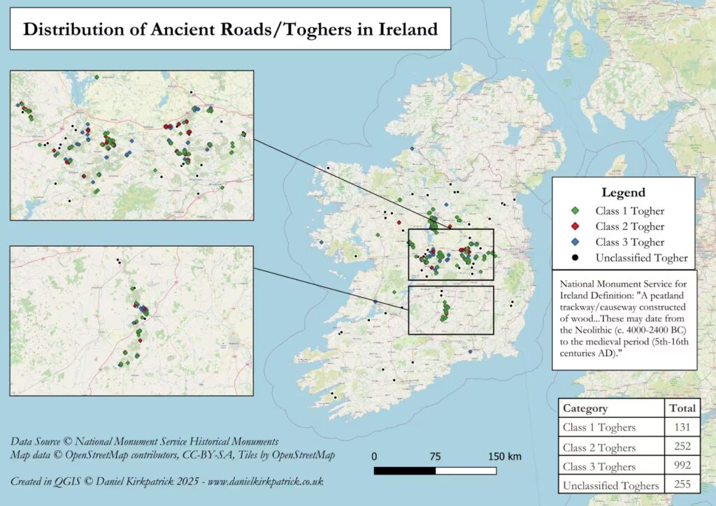 Map showing the distribution of ancient Toghers or Roads across Ireland based on data from the NMS