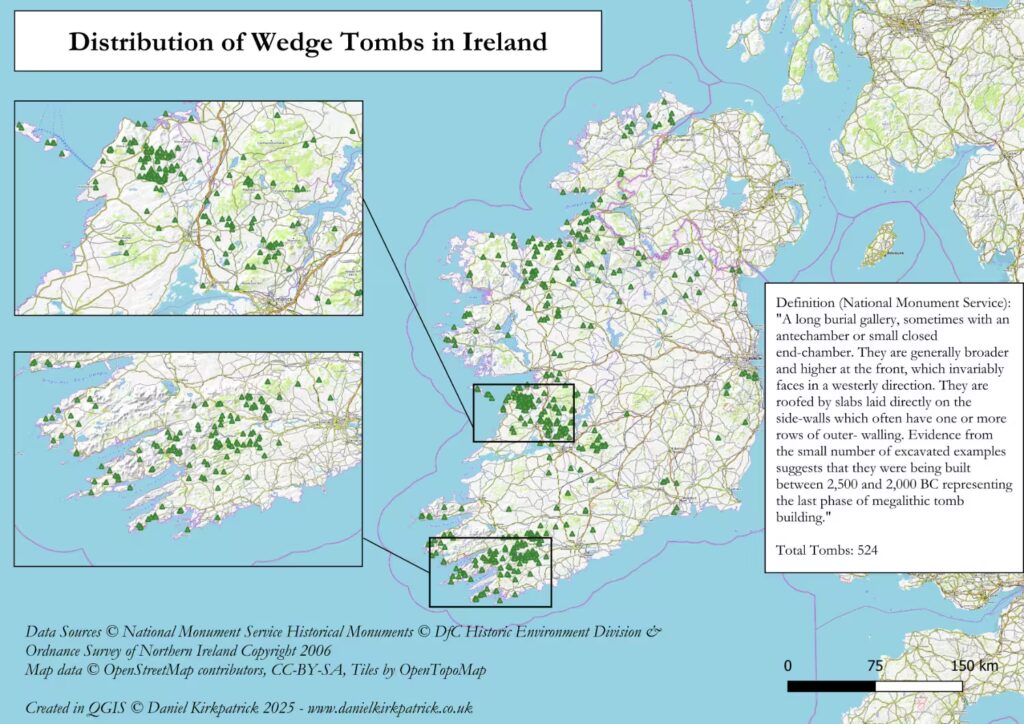 Map of all wedge tombs across the Republic of Ireland based on National Monument Service data