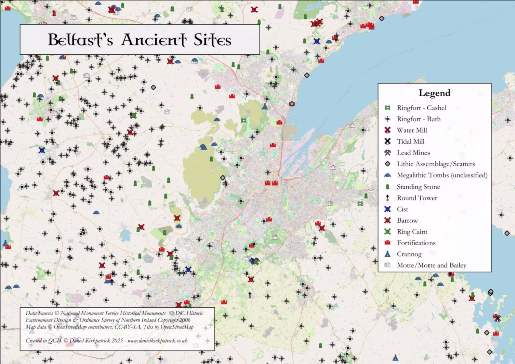 Ancient Historical Sites across Belfast mapped from Department for Communities data by Daniel Kirkpatrick