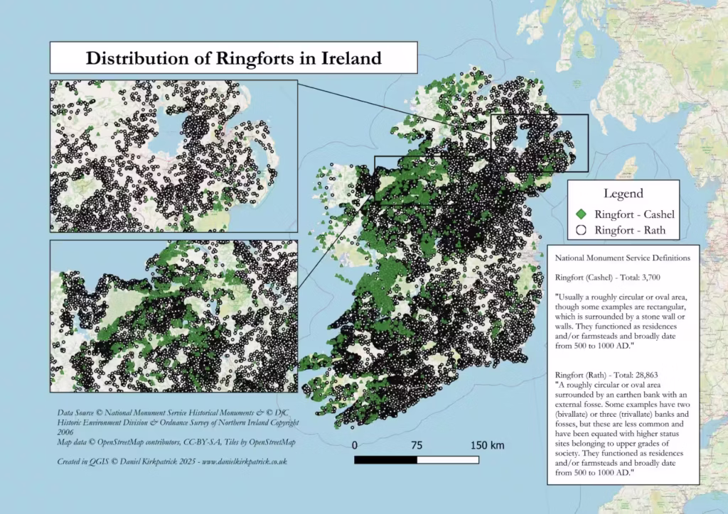 Map showing the distribution of Iron Age ringforts across Ireland categorised as either cashel or rath