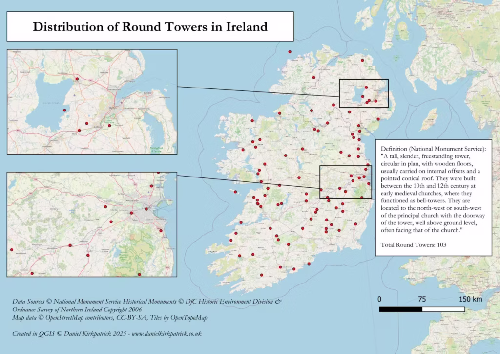 Distribution map of all recorded Round Towers on Ireland based on National Monument Service and Department for Communities Data from the respective governments. Map produced by Daniel Kirkpatrick.