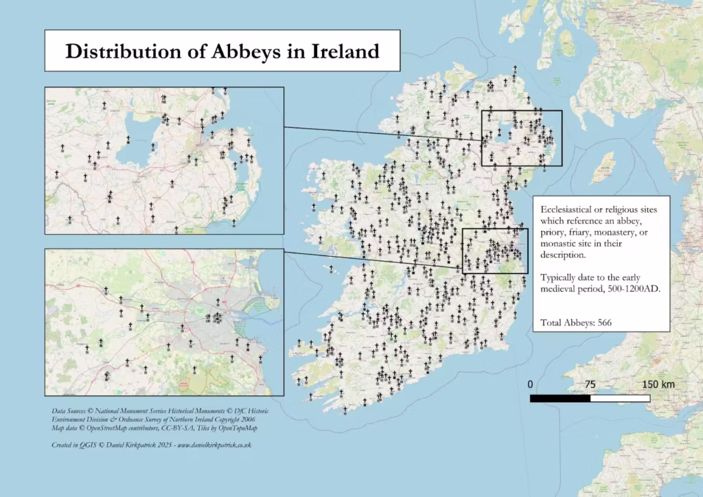 Map showing the distribution of medieval abbeys across Ireland produced by Daniel Kirkpatrick
