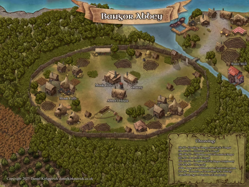 Map reconstruction of the medieval Christian Abbey in Bangor, County Down, Northern Ireland, created by Daniel Kirkpatrick