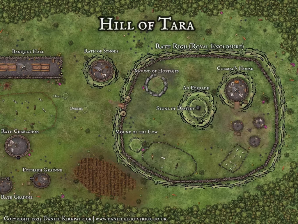 Hill of Tara, Ireland, reconstruction of the Iron Age site based on archaeological site data created by Daniel Kirkpatrick