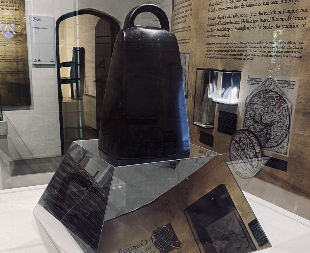 Bangor bell on display at the North Down Museum in Northern Ireland, 9th century bell use at Bangor Abbey.