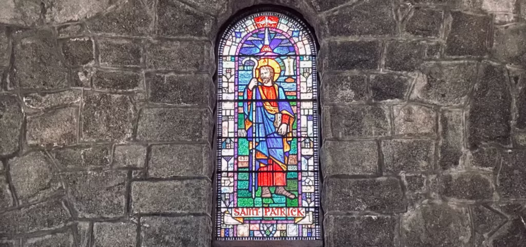 Photograph of stained glass window of St Patrick at Saul church taken by Daniel Kirkpatrick