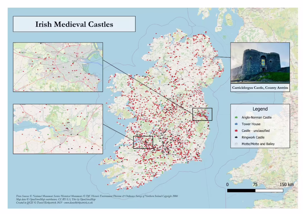 Map showing location of all medieval castles in Ireland