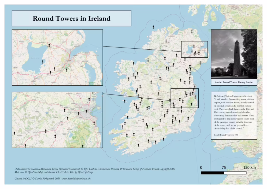 Map showing distribution of round towers in Ireland