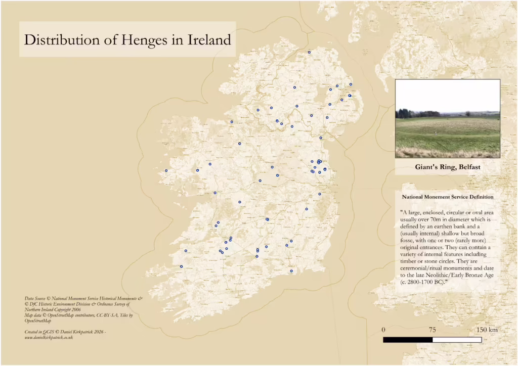 Map of prehistoric henges across Ireland